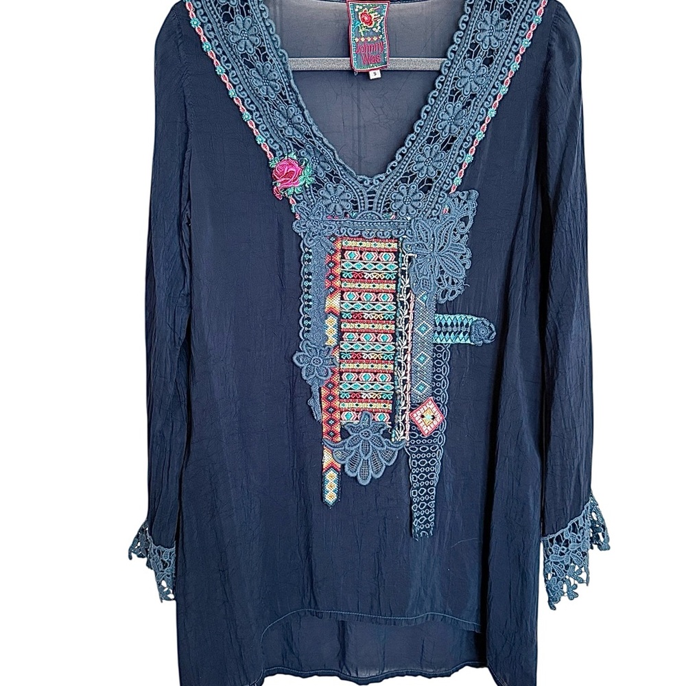 Johnny Was Navy Blue Tunic Blouse with Colorful Embroidery